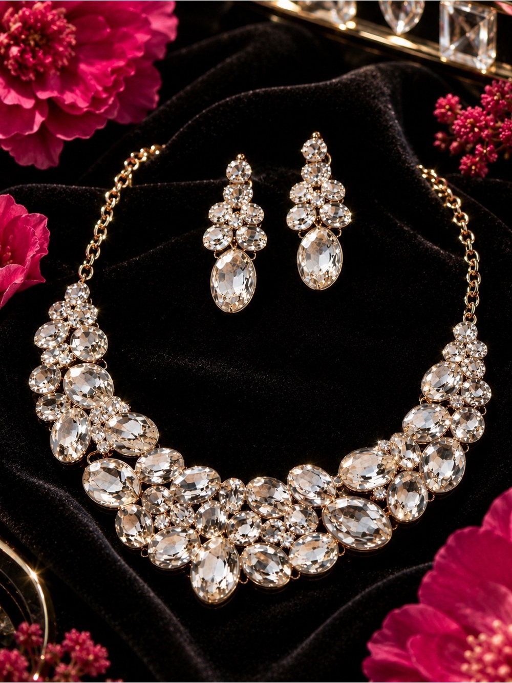 Crystal Statement Necklace and Earrings Set - Gold Tone